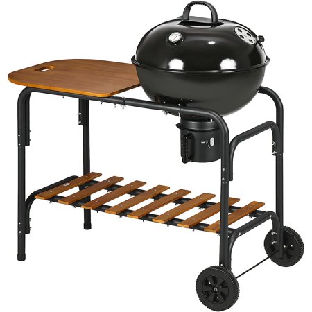 HElectQRIN Charcoal Grill BBQ  21-Inch Rolling Backyard Barbecue with Chopping Block Table  a Cutting Board  Shelf  Wheels  Vents & Thermometer  Black