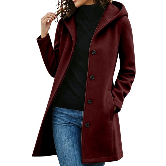 Women's Wool Blend Coat Mid-Length Lapel Button Down Trench Coat with Hood Pocketed Woolen Hooded Overcoat for Fall Winter Daily Wear(Wine,XXL)