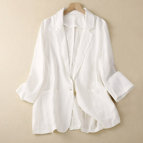 Meichang Linen Blazer for Women Casual Long Sleeves Button Cardigan Solid Lapel Oversized Jacket Lightweight Work Office Suit