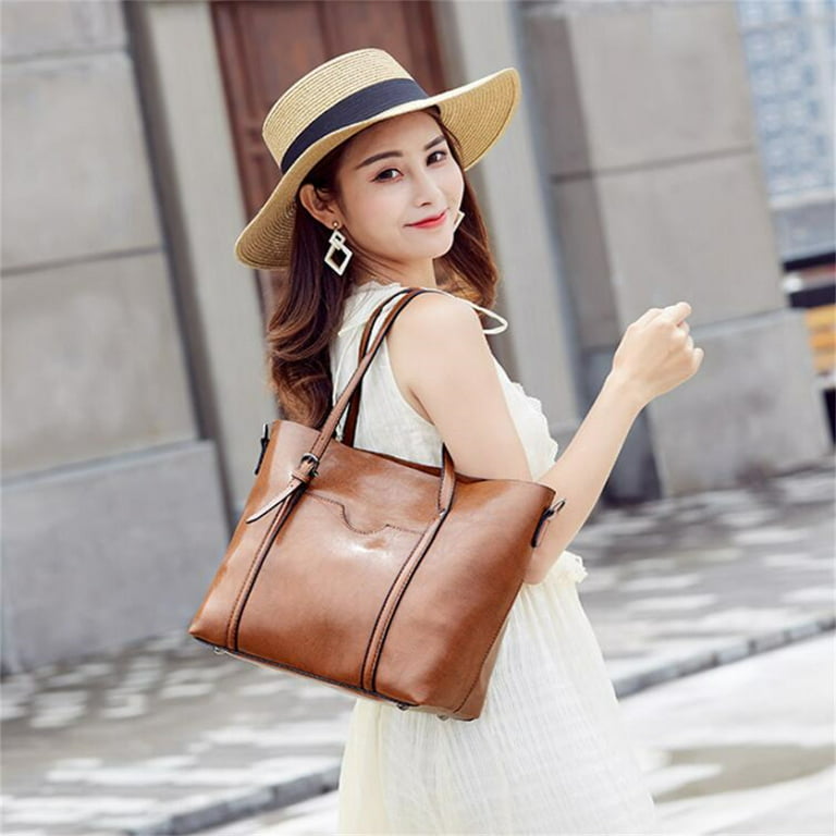 PU Leather Large Capacity Woman Handbag Shoulder Bag Fashion Casual Totes  Bag-Light Grey