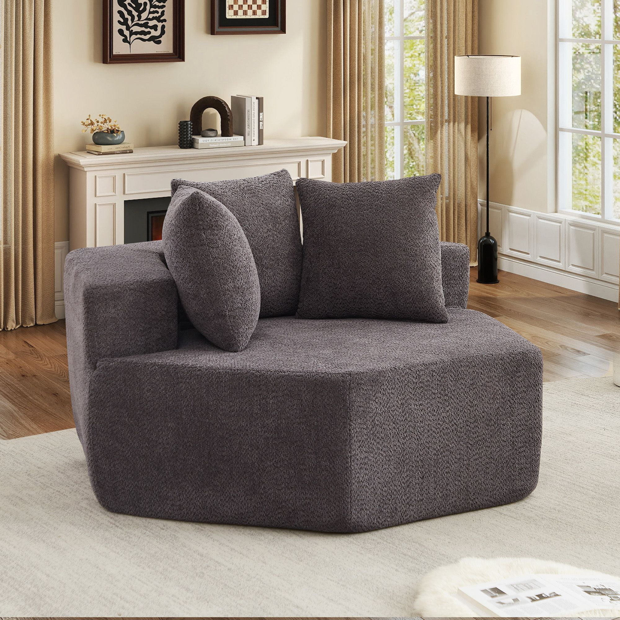 Lunale Oversized Boneless Chaise Lounge Chair Indoor, Round Cloud Couch, Accent Reading Chair for Living Room, Bedroom, Gray Chenille