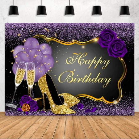 Image of 7x5FT Sweet Purple Happy Birthday Backdrop - Rose Sequin High Heels Champagne Frame Glass - Perfect for Weddings Birthdays and Photography Studio -