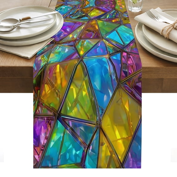 Stained Glass Table Runner Vintage Abstarct Geometric Pattern Art Tablerunners 13 x 60 Inch, Table Decorations Tabletop Scarf for Summer Gathering Holiday Farmhouse Kitchen Dining Decor