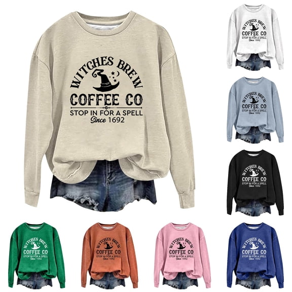 Trendfront Womens Halloween Witches Brew Coffee Crewneck Long Sleeve Graphic Print Letter Print Fall Theme Top Pullover Sweatshirt