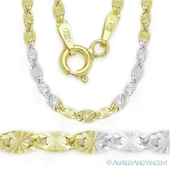 2.5mm Valentino Link Italian Chain Necklace in 2-Tone .925 Sterling Silver w/ 14k YG & Rhodium