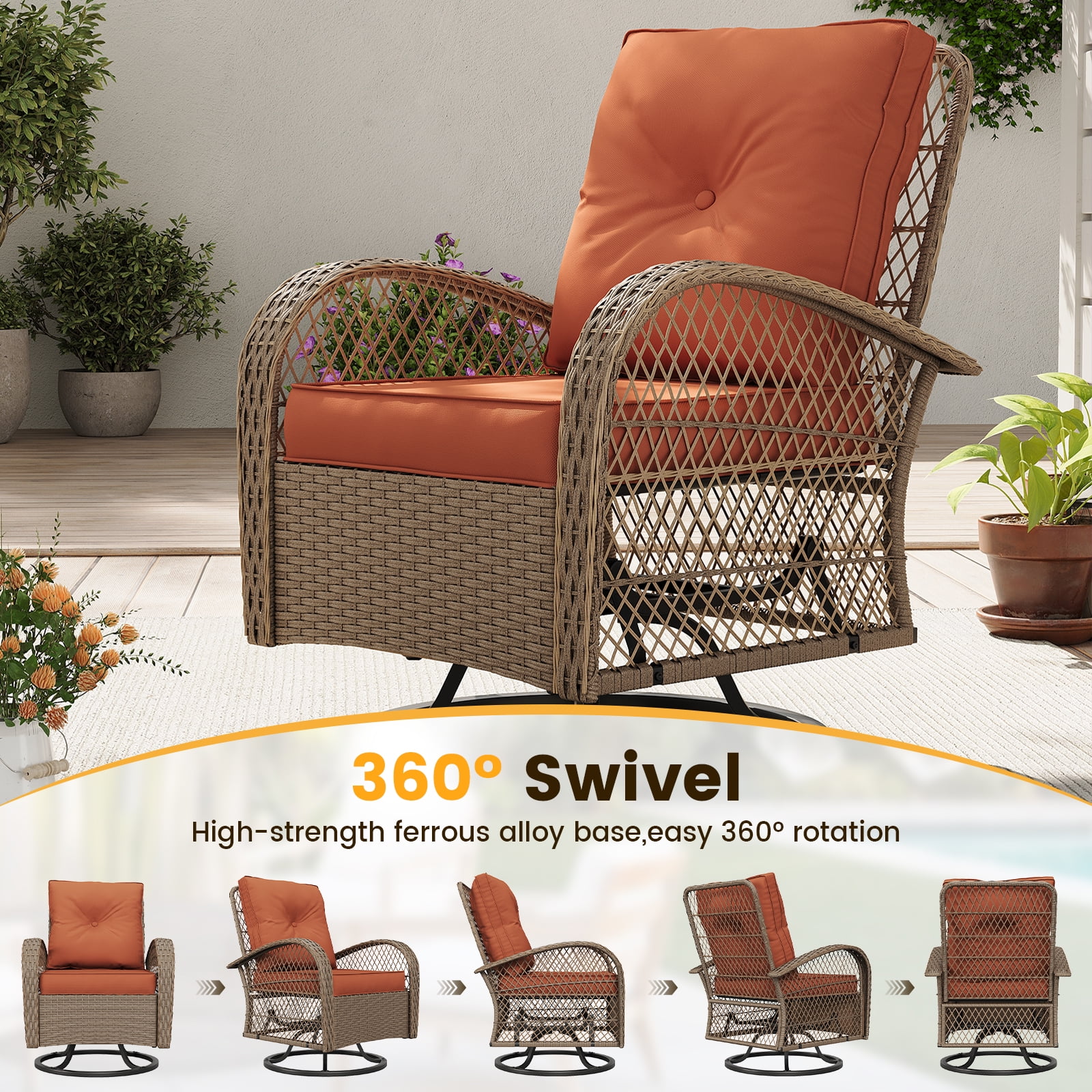 ELPOSUN 3 Pieces Patio Furniture Set, Outdoor Swivel Gliders Rocker, Wicker Patio Bistro Set with Rattan Rocking Chair, Glass Top Side Table and Thickened Cushions（Orange）