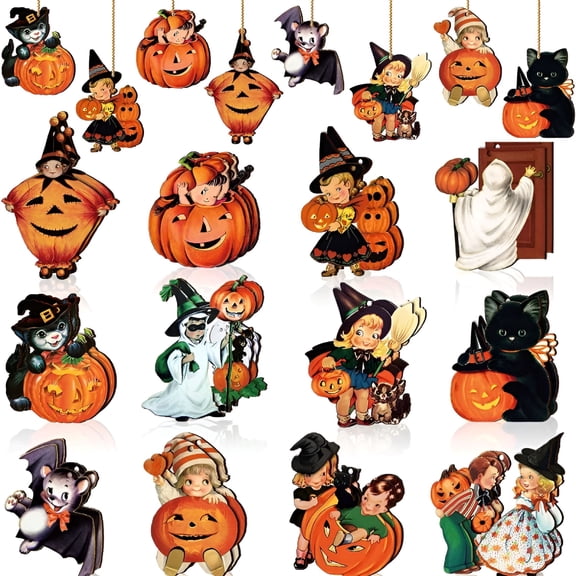 LAMIRO 36 Pcs Halloween Ornaments Wooden Decorations for Tree Pumpkin Wood Cutout Vintage Halloween Black Cat Bat Hanging Pendants Retro Halloween Decor for Small Tree Holiday Party