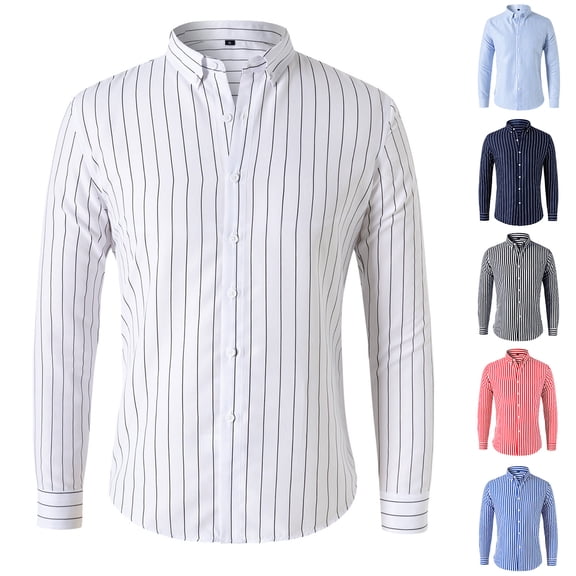 Vertical Stripe Long Sleeve Shirt for Men Button Down Collar Dress Shirt Slim Fit Business Casual Shirt Blue 3XL