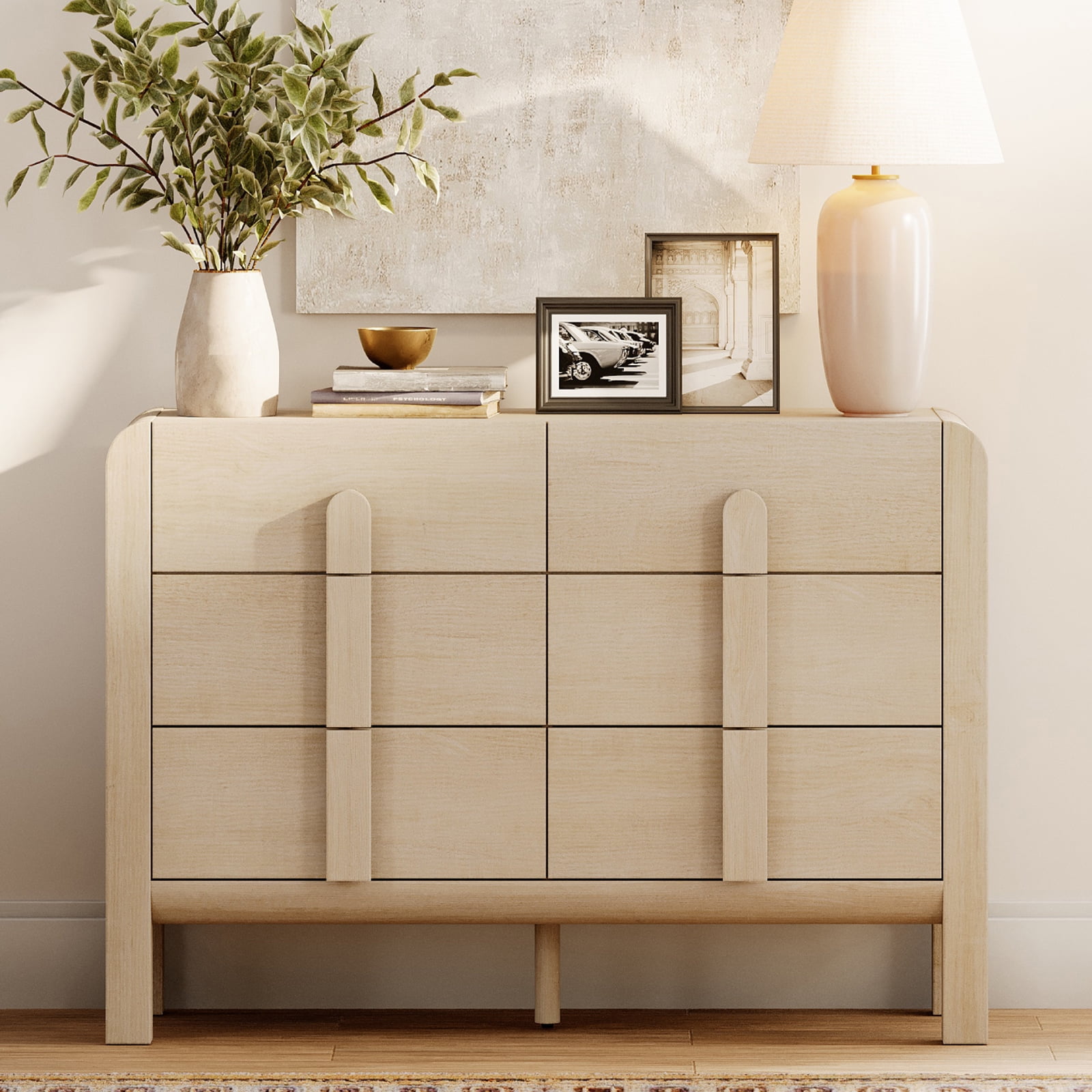 Mid Century 6 Drawer Dresser for Bedroom, Wide Modern Chest of Drawers with Curved Profile Design, Wood Closet Clothes Storage Organizer for Bedroom, Living Room