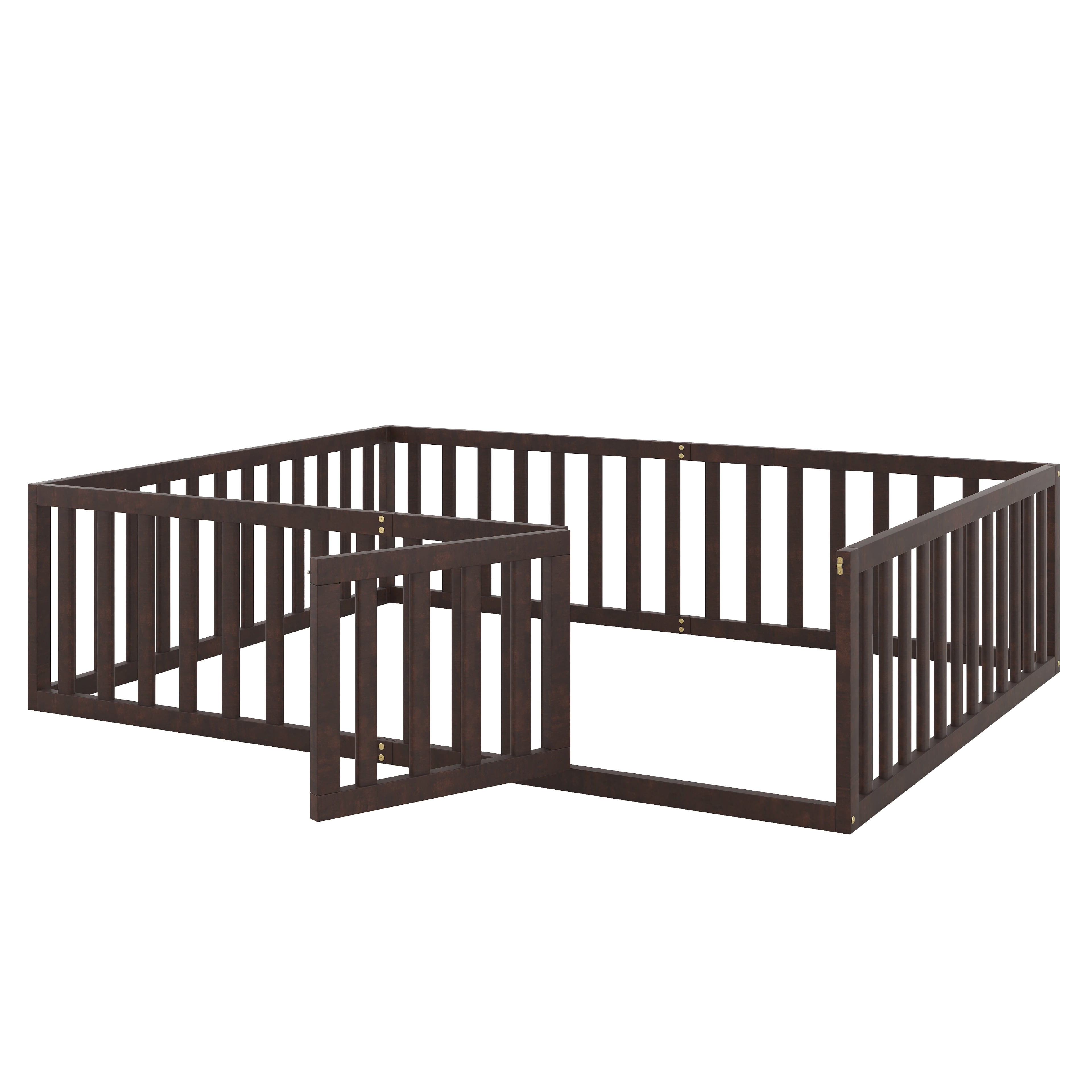Kumix Queen Floor Bed with Fence and Door, Wood Floor Bed Frame for 1-3 Aged, Noise-Free Low Floor Bed for Bedroom, Dorm, No Weight Capacity Limit, Easy Assembly, Walnut