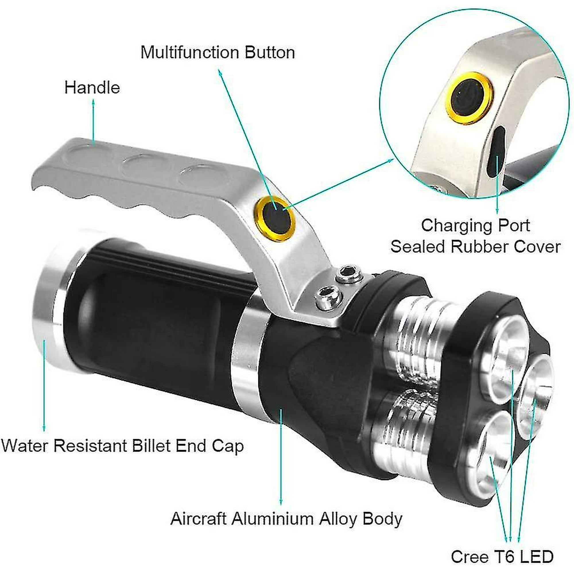 Lampe Torche LED Zoomable T6 - Camping, 4 Modes - Rechargeable - Noire
