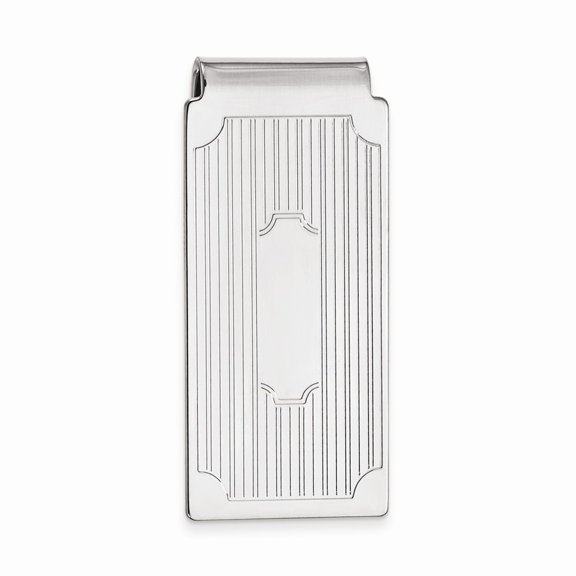 Rhodium-plated Kelly Waters Hinged Money Clip with Lines and Cut Corners; for Adults and Teens; for Women and Men