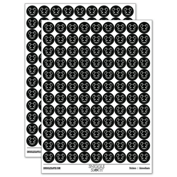 Cute Mouse Face 200  Round Stickers - Black - Gloss Finish - 0.50" Size