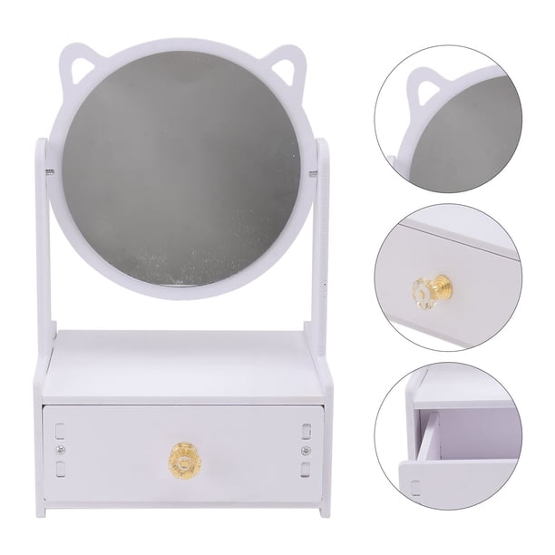 Raindrops 1Ud Desktop Cosmetic Mirror White with Storage Box for Home Use Rotatable 360 Degrees