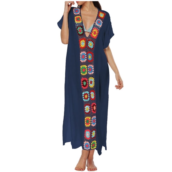 Luxalzxs Bikini Cover Up Dress for Women Sexy V-Neck Flowy Crochet Floral Patchwork Bathing Suit Cover Ups Long Dress Beach Kaftan Coverups