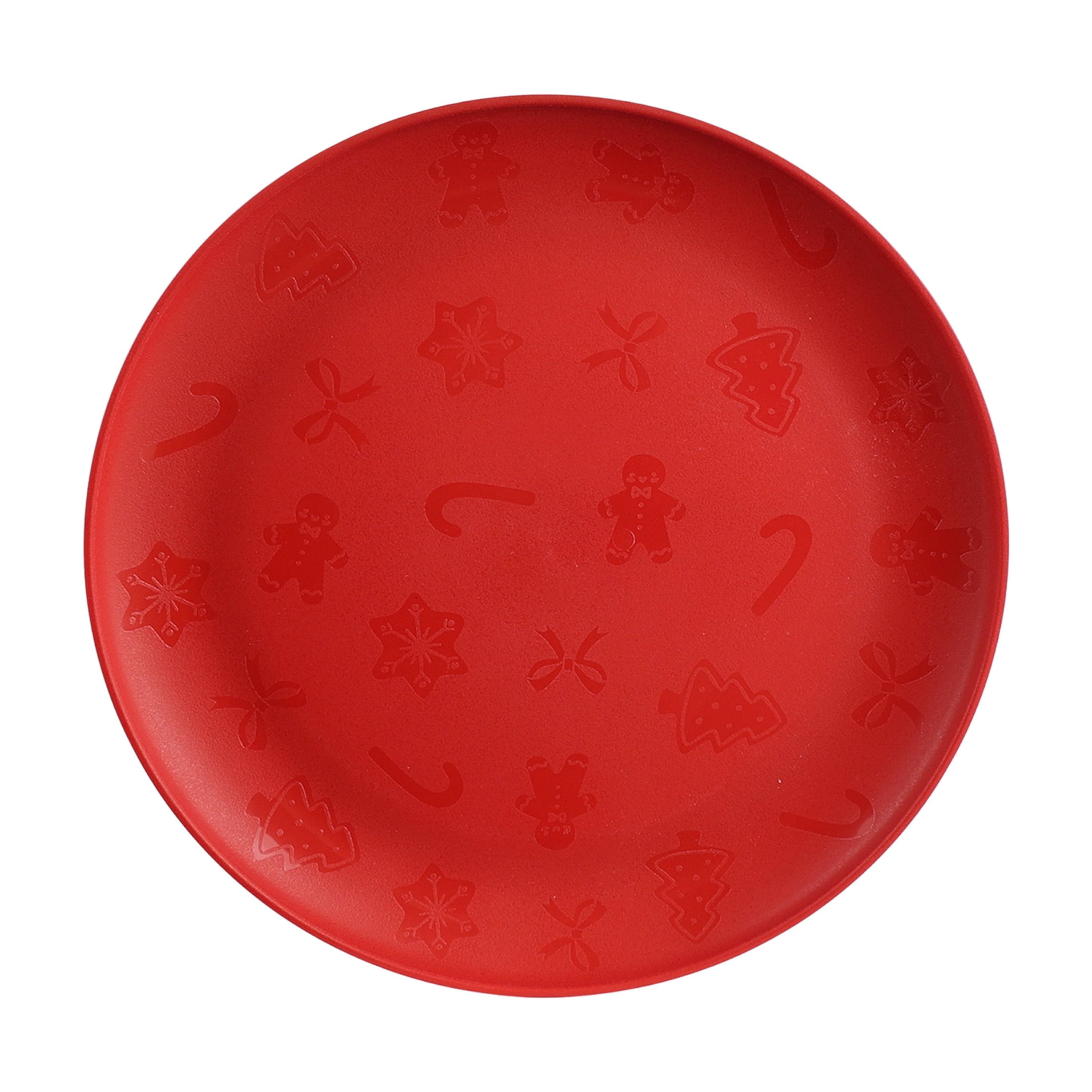 Mainstays Etched Red Holiday 30 Piece Plastic Dinnerware Set with Seasonal Design