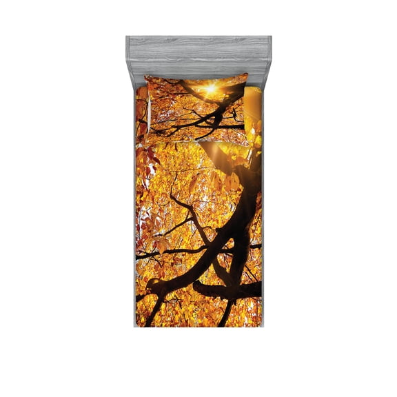 Ambesonne Nature Fitted Sheet & Pillow Sham Set, Sun in October Harvest, Twin, Orange