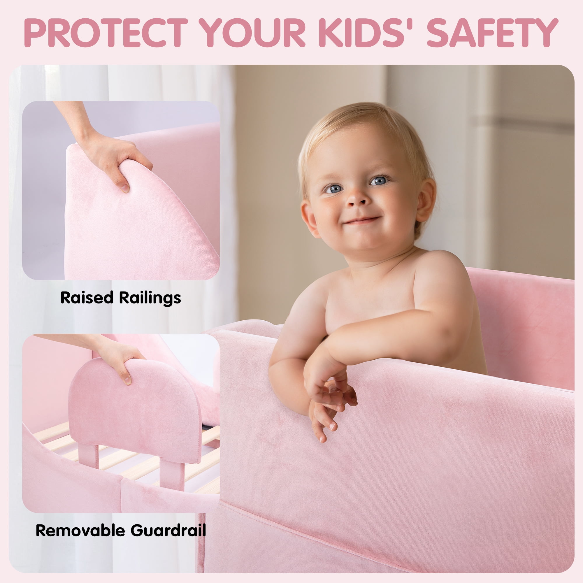 Toddler Bed, Toddler Floor Bed – Low-to-Ground Design with Detachable Guard Rails, Soft Upholstered Transition Bed, Standard Crib Size for kids Ages 1–6 (Pink)