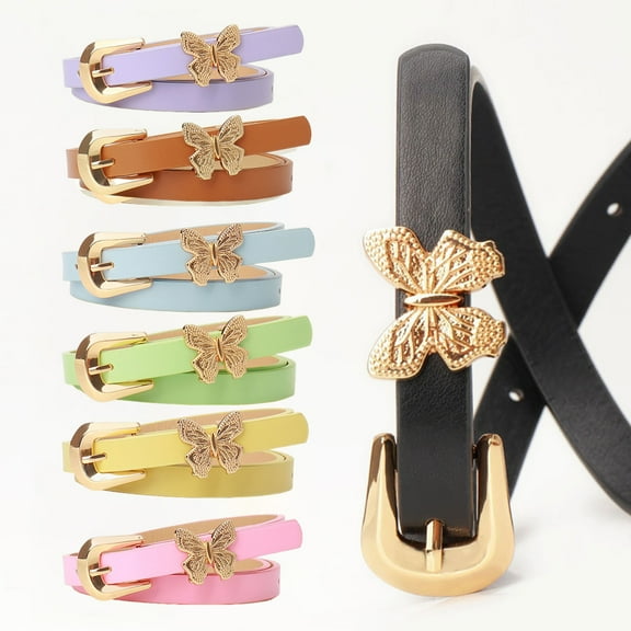 sunsanly Women Belt Metal Butterflies Decor Multi Holes Adjustable Length Waistband Imitation Leather Street Style Solid Color Belt