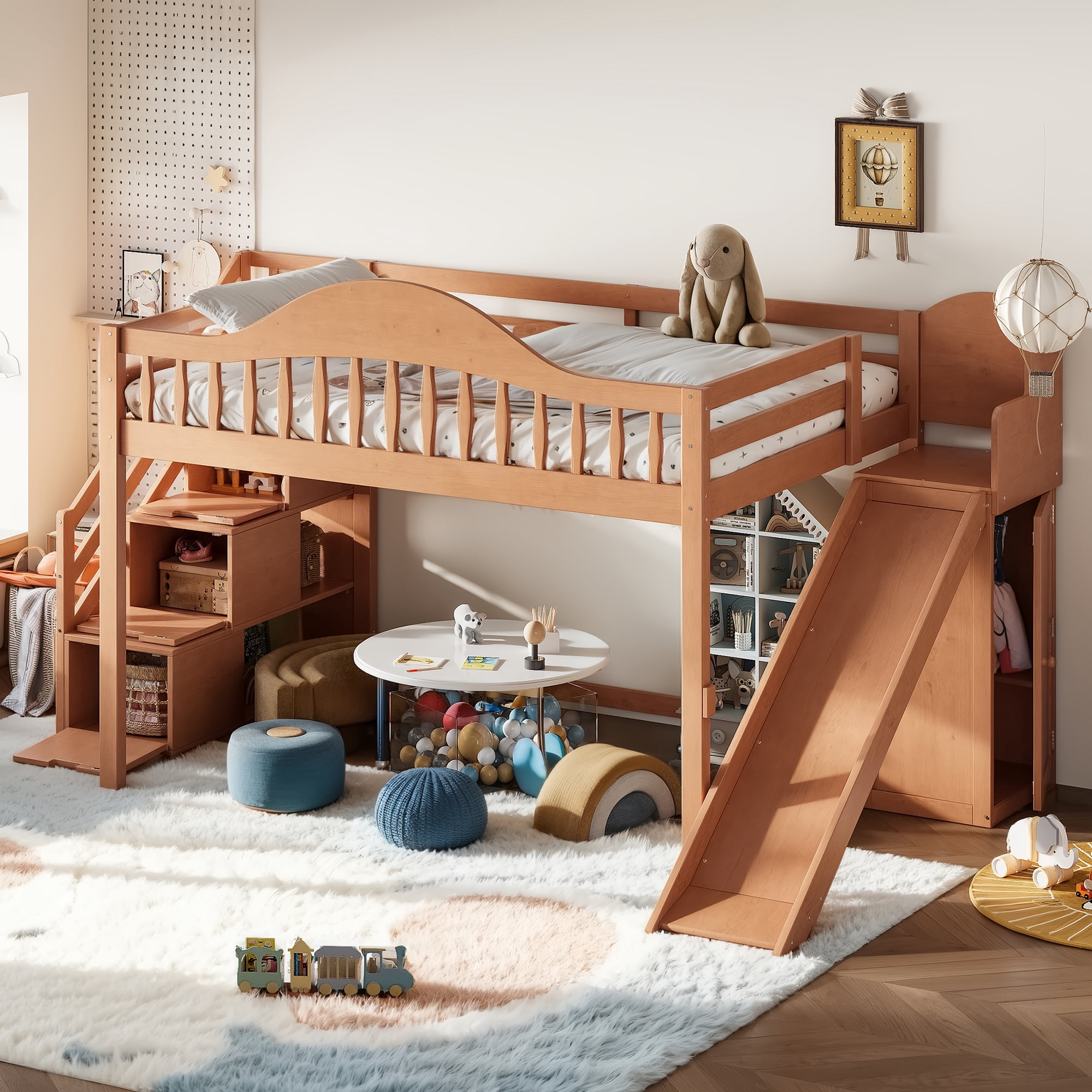 Leumius Full Size Loft Bed with Storage Stairs, Slide & Built-in Wardrobe,Soild Wood Loft Bed Frame with High Guardrail,Walnut