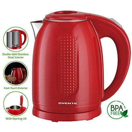 Ovente 1.7L Electric Kettle, Double Wall 304 Stainless Steel Water Boiler, Auto Shut-Off and Boil-Dry Protection, Stay-Cool Exterior, BPA-Free, Cordless, Red