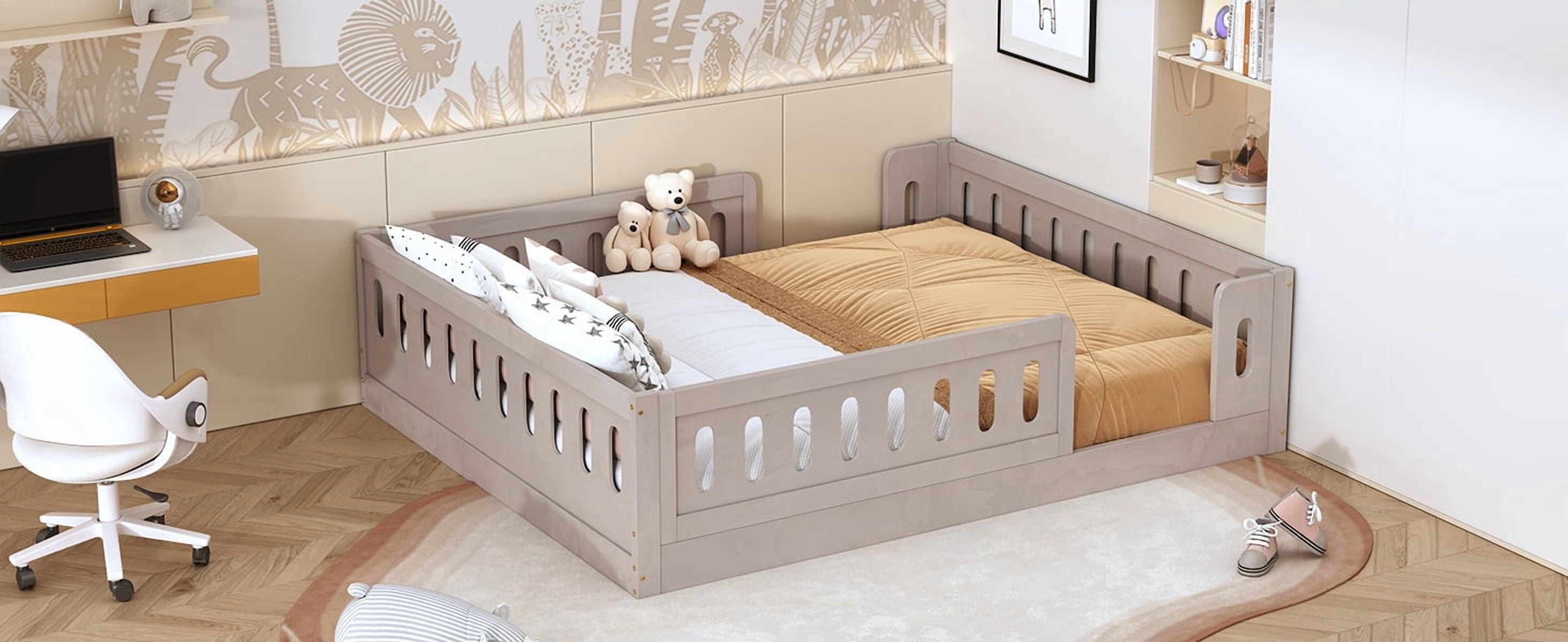 Solid Pine Wood Full Size Kids Platform Bed with Semi-Enclosed Safety Guardrail, Fits 6"-8" Mattress No Box Spring Needed Low Floor Bed