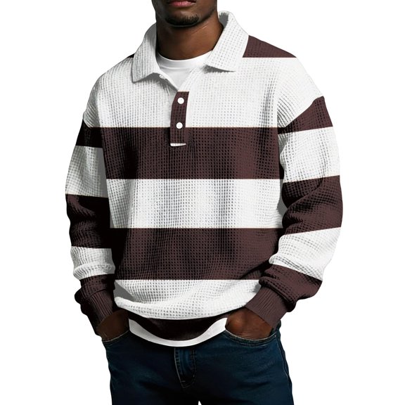 LEKWK Shirts for Men Striped Waffle-Knit Texture Long Sleeve Shirts Lapel Collar Casual Shirts Vintage Preppy Style Rugby Golf Casual Tops
