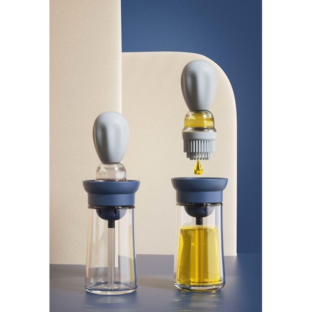 Cepillo de botella de aceite de silicona azul, lata de aceite de vidrio con cepillo, cepillo de aceite pequeño resistente a altas temperaturas con escala, cepillo de lata de aceite incorporado
