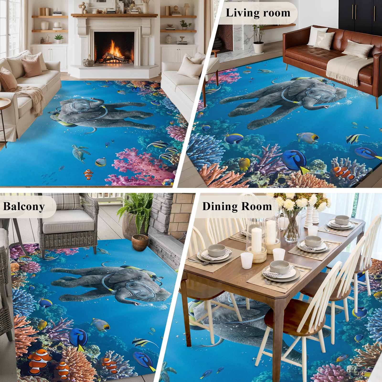 6x9 Area Rugs for Living Room, Ocean Diving Elephant Non Slip Area Rugs for Kitchen Bedroom Entryway, Blue Coastal Coral Fish Marine Life Washable Carpet Runner Rug Floor Mats for Bedroom Home Decor