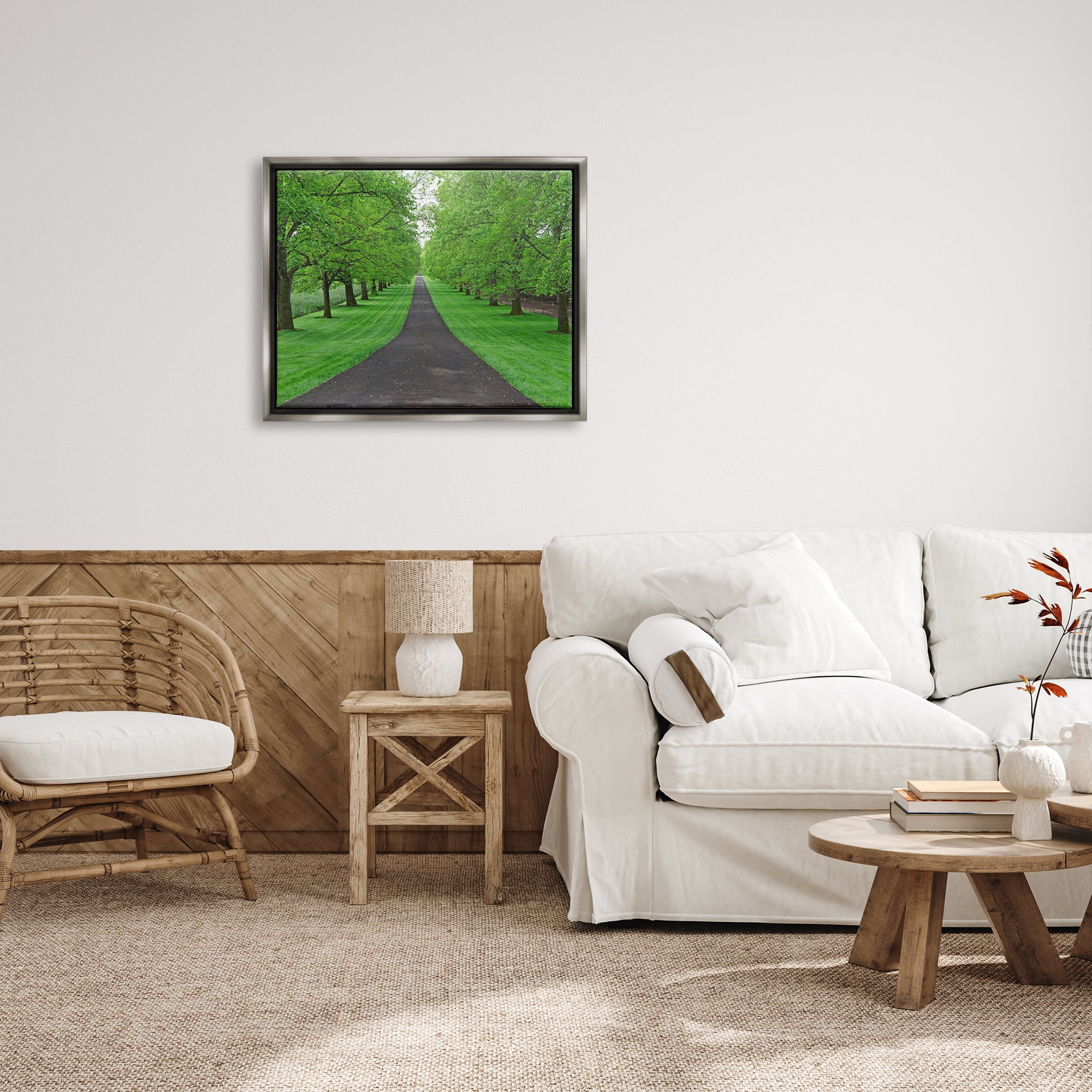 Stupell Industries Tree Grove Path Landscape Nature Photography Gray Floater Framed Art Print Wall Art, 31 x 25