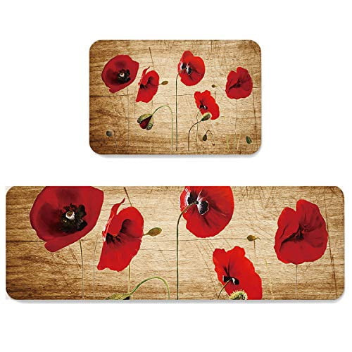 SUN-Shine Red Poppy and White Daisy Kitchen Rug Set 2 Pieces Cushioned Kitchen Floor Mats Comfort Soft Standing Doormat, Non Slip Rugs and Runner Spring Blossoms Floral