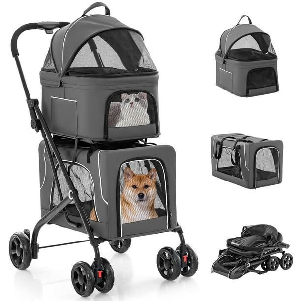 JJUN Double Dog Stroller for 2 Dogs, Detachable Carriers, Safety Belt, 4 Lockable Wheels, Pet Travel Carrier Strolling Cart, Folding Cat Stroller for Small Medium Pets Dogs (Gray)