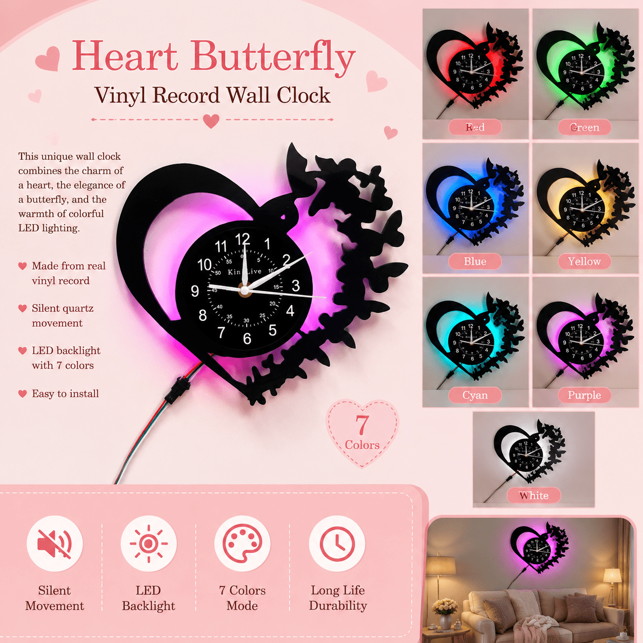 Modern Heart Vinyl Record LED Wall Clock - 7 Color Changing Night Light with Remote, Silent Battery Operated Hanging Clock for Bedroom, Living Room & Unique Wall Art