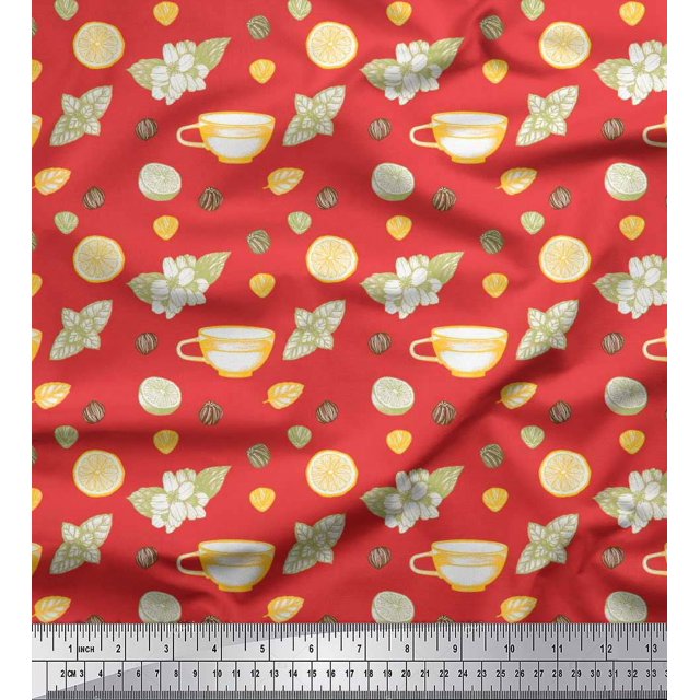 Soimoi Orange polyester Crepe Fabric Floral,Tea Cup & Lemon Slice Vegetable Print Fabric by Yard 42 Inch Wide