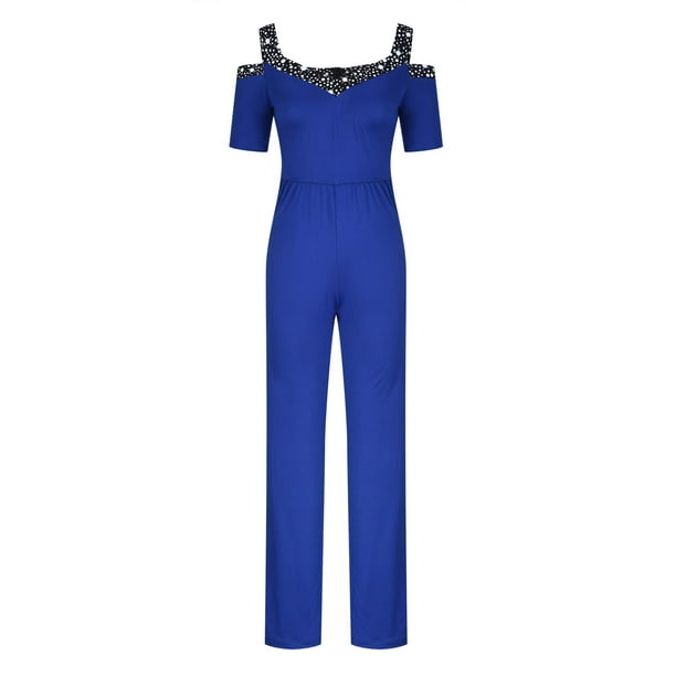 yievot Women's Jumpsuits Dressy Short Sleeve Cold Shoulder V Neck Rhinestone  Long Wide Leg Pant Party Jumpsuits Rompers Sexy 