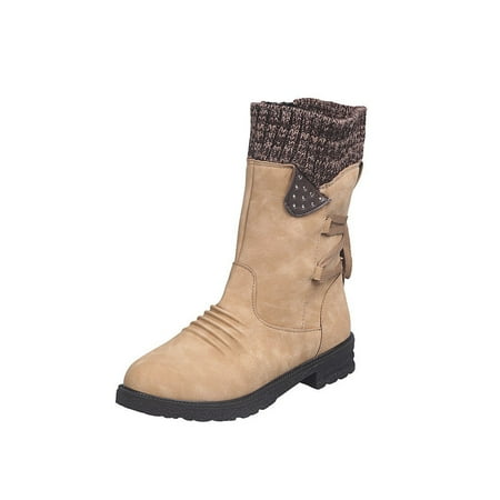 

Glookwis Womens Winter Boot Side Zipper Shoes Low Heel Mid-Calf Boots Women Casual Non-slip Comfort Lace Up Khaki US 7