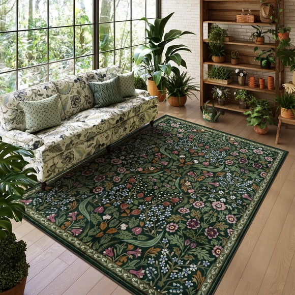 Lahome Floral 5x7 Washable Living Room Rugs, Green Area Rugs for Bedroom Rubber Backed, Botanical Thin Stain-Resistant Carpet for Dining Room, Guestroom, Kids Room, Living Room Decor