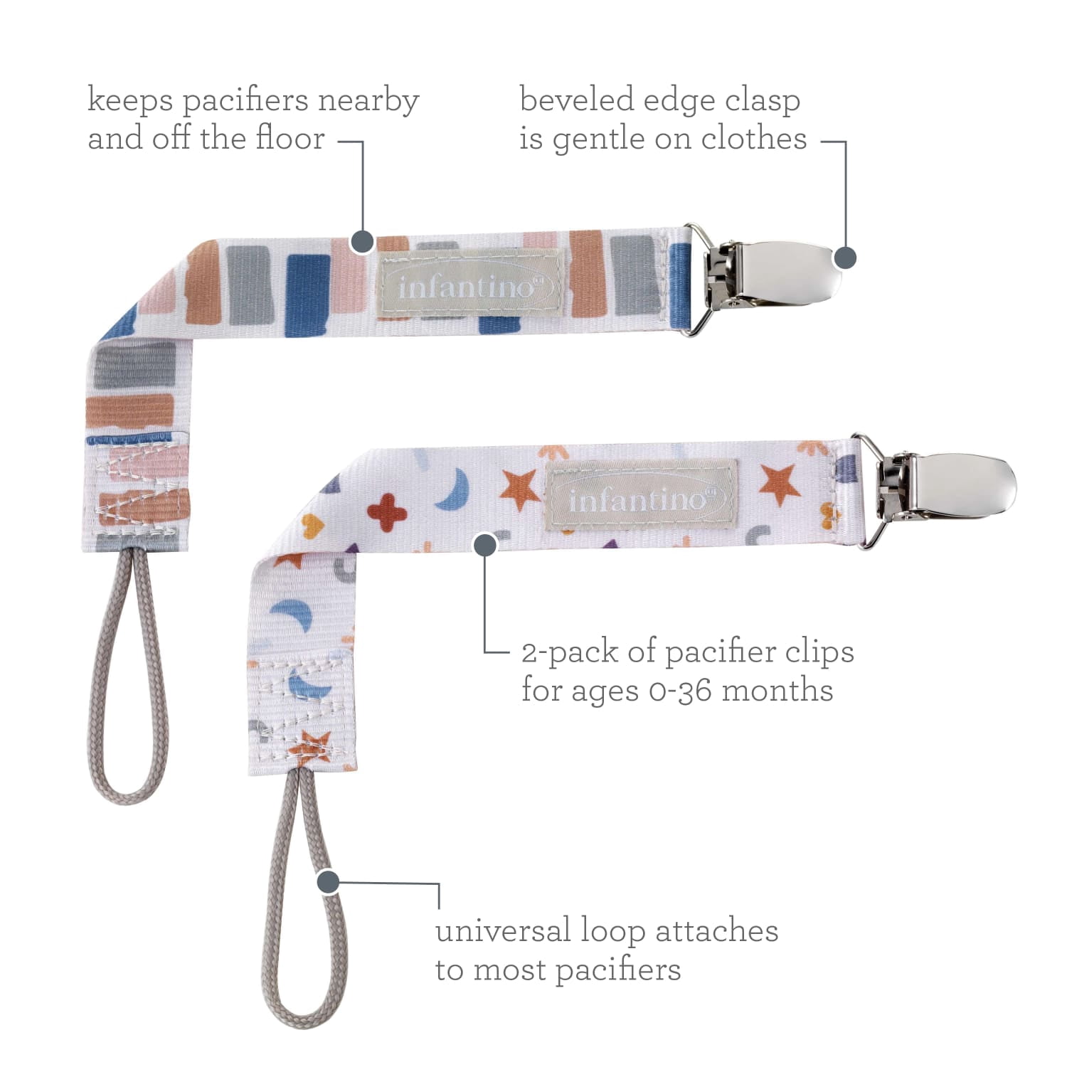 Infantino Pacigrip Universal Pacifier Clips for Infant & Toddler, Luna Love, 2-Pack