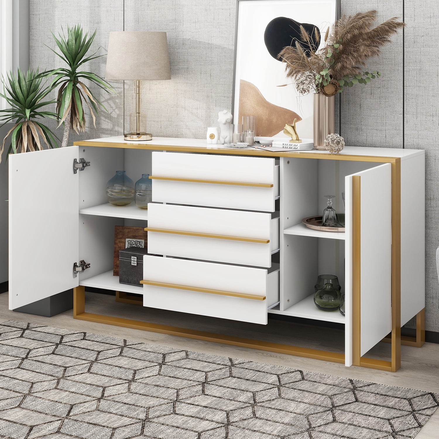 Kepooman 59"L Storage Sideboard Buffet Cabinet, Floor Storage Cabinet with Large Storage Space and Gold Metal Legs for Living Room, White Kepooman 59"L Storage Sideboard Buffet Cabinet, Floor Storage Cabinet with Large Storage Space and Gold Metal Legs for Living Room, White