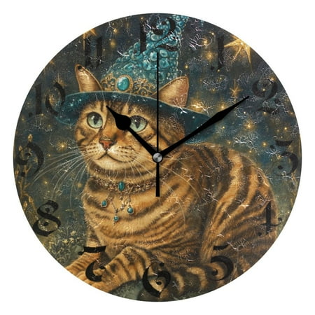 DEIARA Chubby Bengal Cat Burgundy Butterfly Wall Clock 10in Silent Mechanism Battery Operated Retro Style for Living Room Bedroom and Kitchen Black Pointer