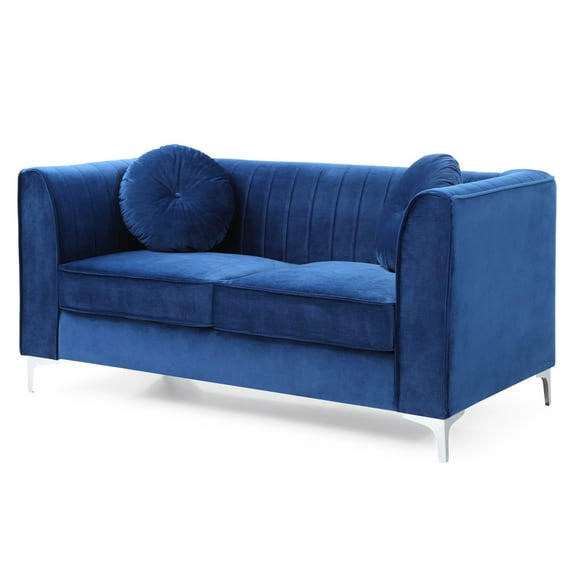 Contemporary Home Living Velvet Microsuede Channel Tufted Loveseat with Throw Pillows - 65" - Blue