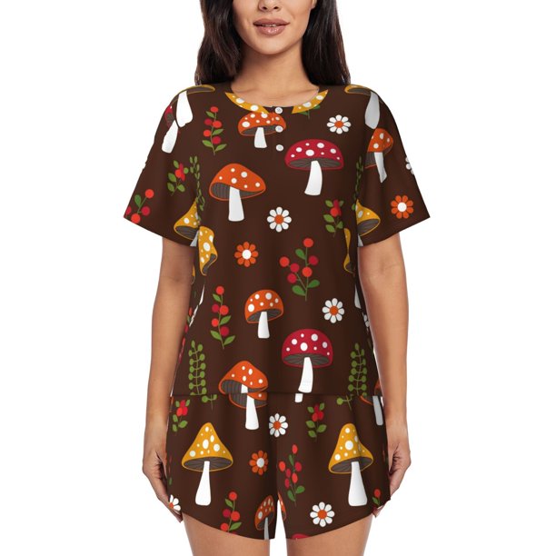 Fotbe Woodland Mushroom Conjunto de Pijama Estampado para Mujer, 2 Piezas, Ropa de Dormir con Camiseta de Manga Corta y Shorts Suaves-Medium