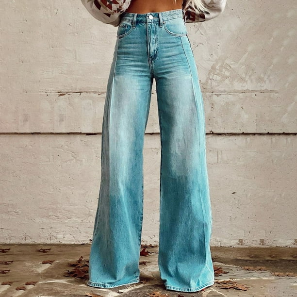 WILLBEST Jeans Mujer Pantalones Vaqueros de Pierna Ancha para Mujer, de Cintura Alta, Con Estampado Floral de Los Años 90, Informales, Cómodos y Elásticos. 1128 Grande