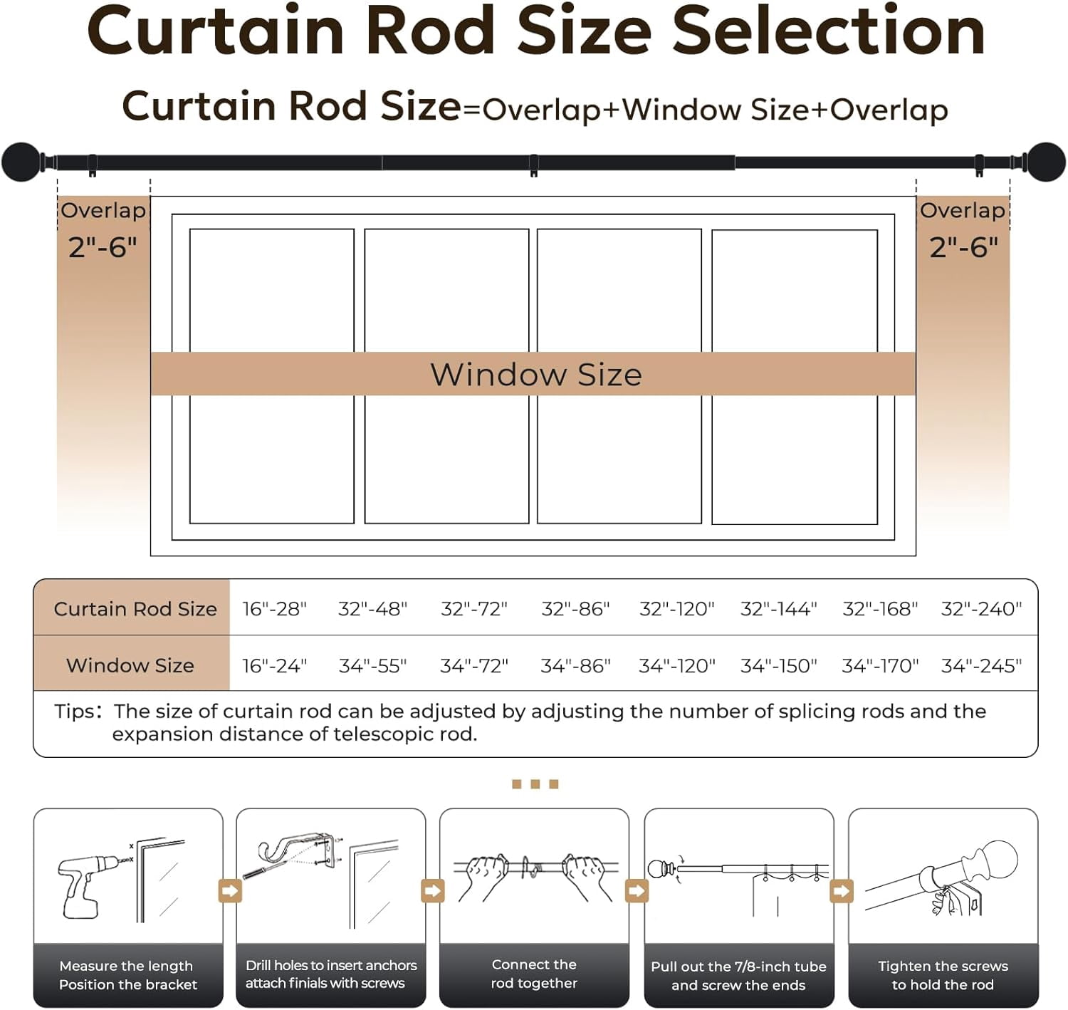 Heavy Duty Adjustable 1-Inch Black Curtain Rod, 144-168 inches, Room Divider