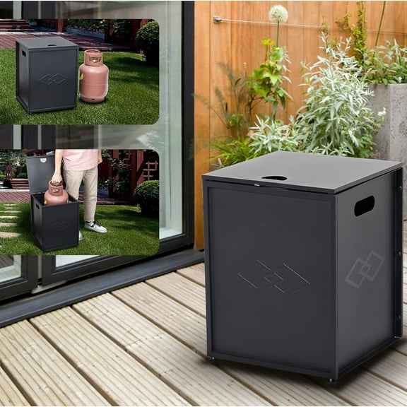 Lumiparty 16 in Propane Metal Tank Cover Table for Gas Fire Pits, Hides Any Standard 20 LB Propane Tanks, Hideaway Table with Side Handles, Black