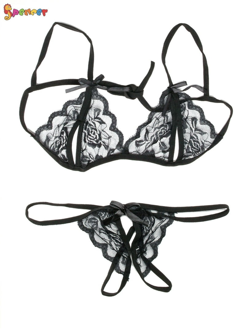 Spencer Intimate Women's Underwear, 2Pcs Sexy Lingerie, Lace Bralette Bra,  Panties Set, Floral Sleepwear, L Size, Black
