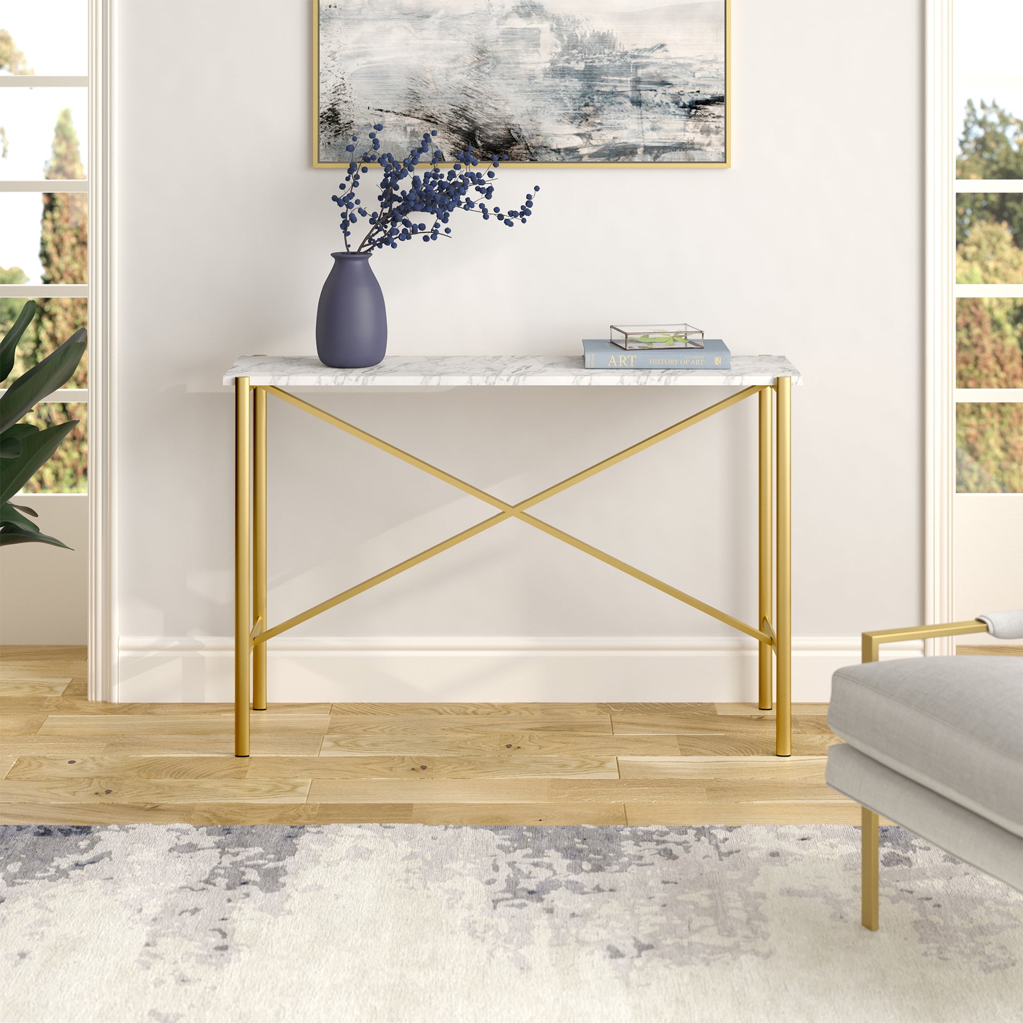 Evelyn&Zoe Braxton 46" Wide Rectangular Console Table with Faux Marble Top, Gold
