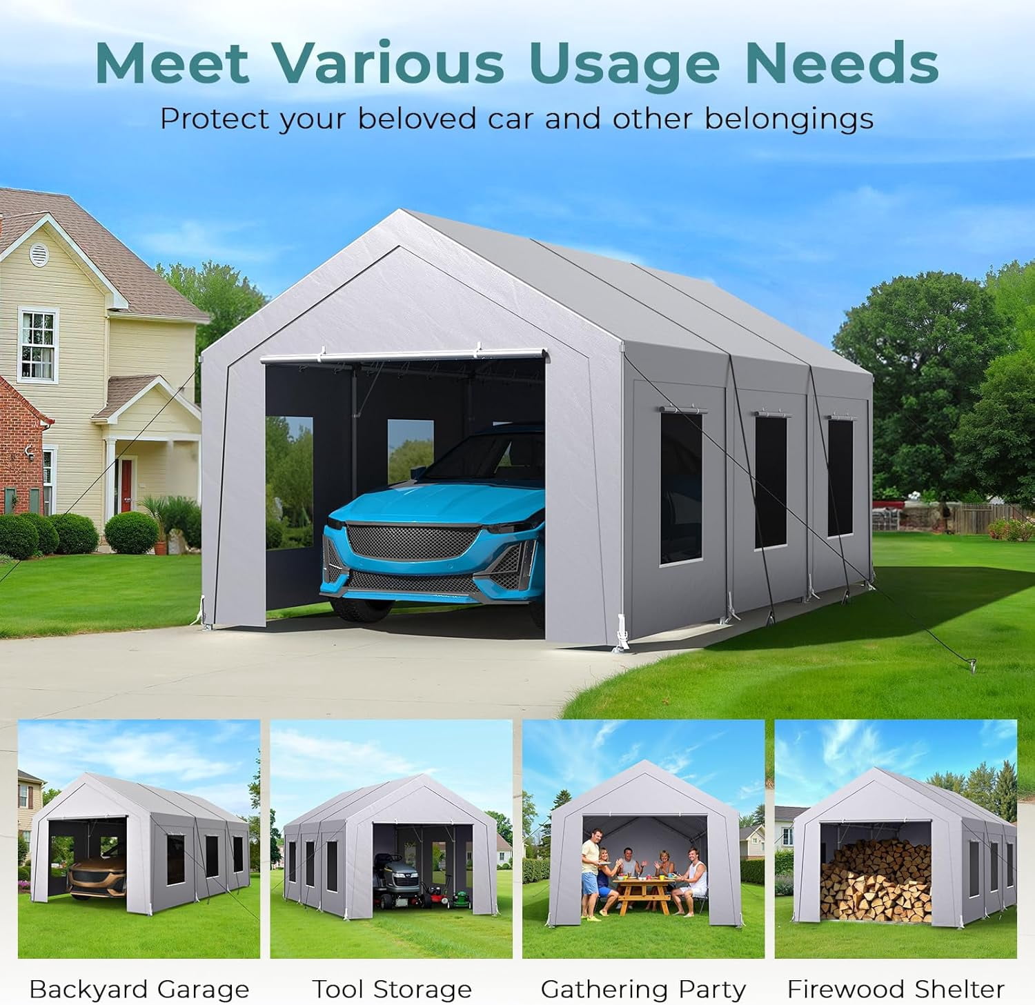 Vitarpatio 10x20 ft Carport Heavy Duty, Reinforced Metal Car Port Canopy Portable Garage Waterproof Car Tent with 6 Roll-up Windows, Door and Removable Sidewalls, Light Gray