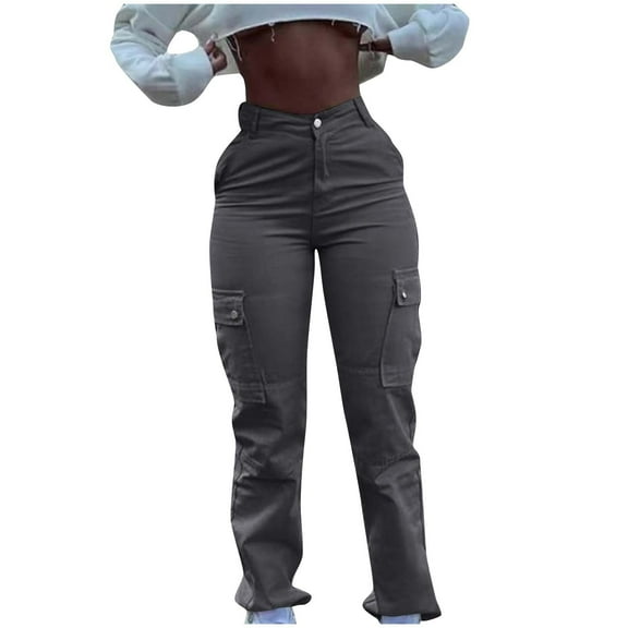 ShomPort Women High Waist Baggy Cargo Pants with Pocket Casual Stretchy Pants Fashion Streetwear (Gray)