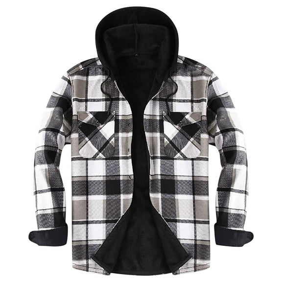 Moxiu Men's Winter Hooded Plaid Flannel Jacket Fleece Lined Warm Long Sleeve Button Shacket with Pockets Outdoor Casual Gray,XXXL